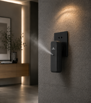 Siena diffuser wall-mounted releasing mist in a warmly lit room