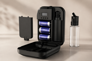 Rimini Plus black diffuser opened to show rechargeable batteries and scent bottle