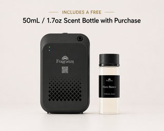 Rimini Plus black diffuser shown with a free 50ml scent oil bottle included