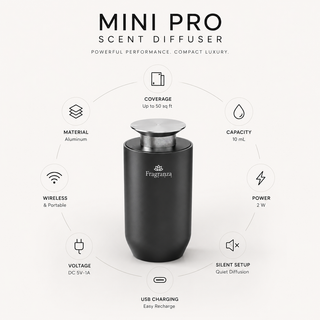 Mini Pro scent diffuser infographic with Wi-Fi, capacity and timer features