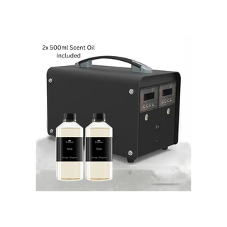 Colosseo black scent diffuser shown with two included 500ml scent oil bottles