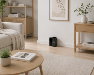 Black Verona Mini diffuser on a living room table, lifestyle view